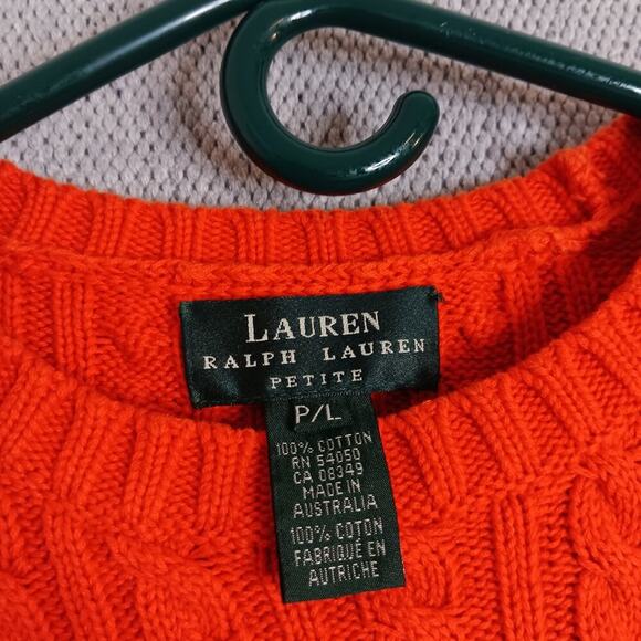 Lauren Ralph Lauren Petite Vintage Sweater Womens P/L Orange Cable Knit Crest - Picture 6 of 14